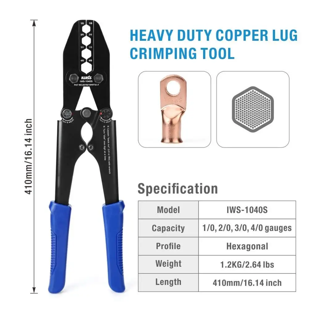 IWISS IWS-1040S Crimping pliers wire Cable Crimper for Copper Cable Lugs Work for 1/0,2/0,3/0,4/0AWG crimping tools