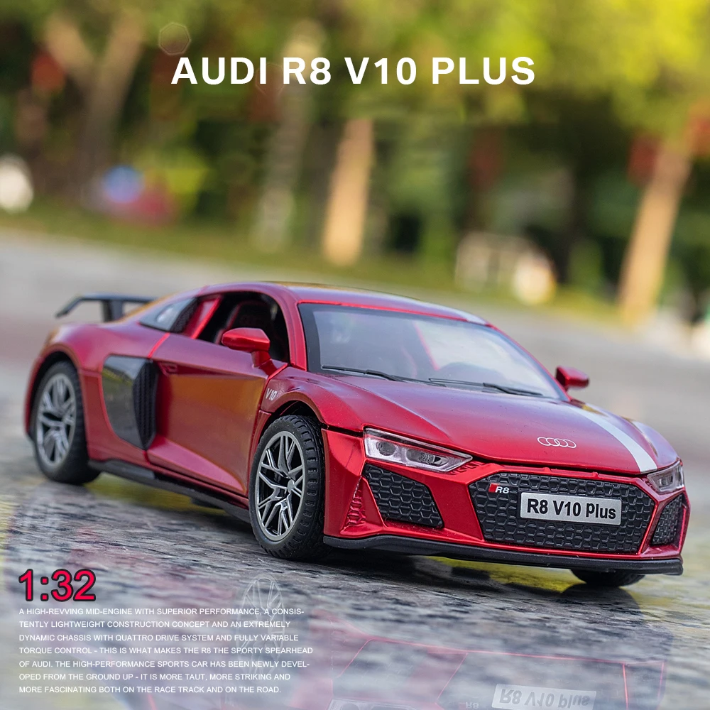 1:32 Audi R8 V10 Plus Supercar Alloy Car Model Diecast Toy Vehicle sound and light Pull Back Simitation Cars Model Toys Gift