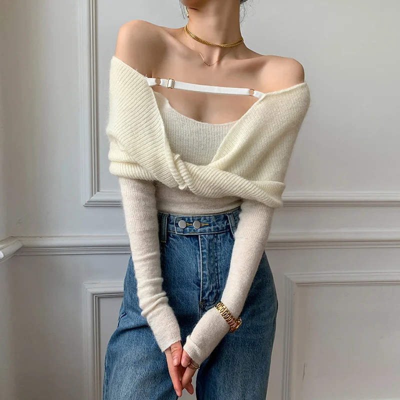 ECRURANI Minimalist Slim Solid Pullover For Women Slash Neck Long Sleeve Cut Out Casual Sweater Female Fashion Style 2022 Autumn