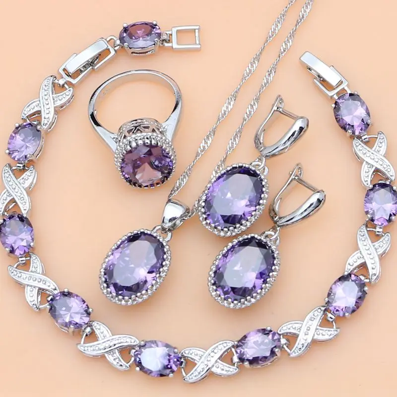 

925 Silver Jewelry Sets Purple Natural Cubic Zirconia White Crystal Women Tennis Earrings/Pendant/Necklace/Rings/Bracelet