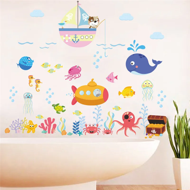 Cartoon Sea Fishes Bubbles Underwater Sealife Wall Sticker For Kids Room Bathroom Decoration Waterproof Mural Art Pvc Home Decal