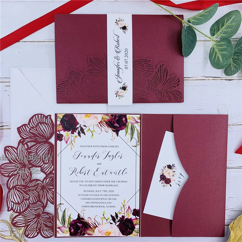 Burgundy Laser Cut Wedding Invitation With Customized Belly Band And RSVP Card