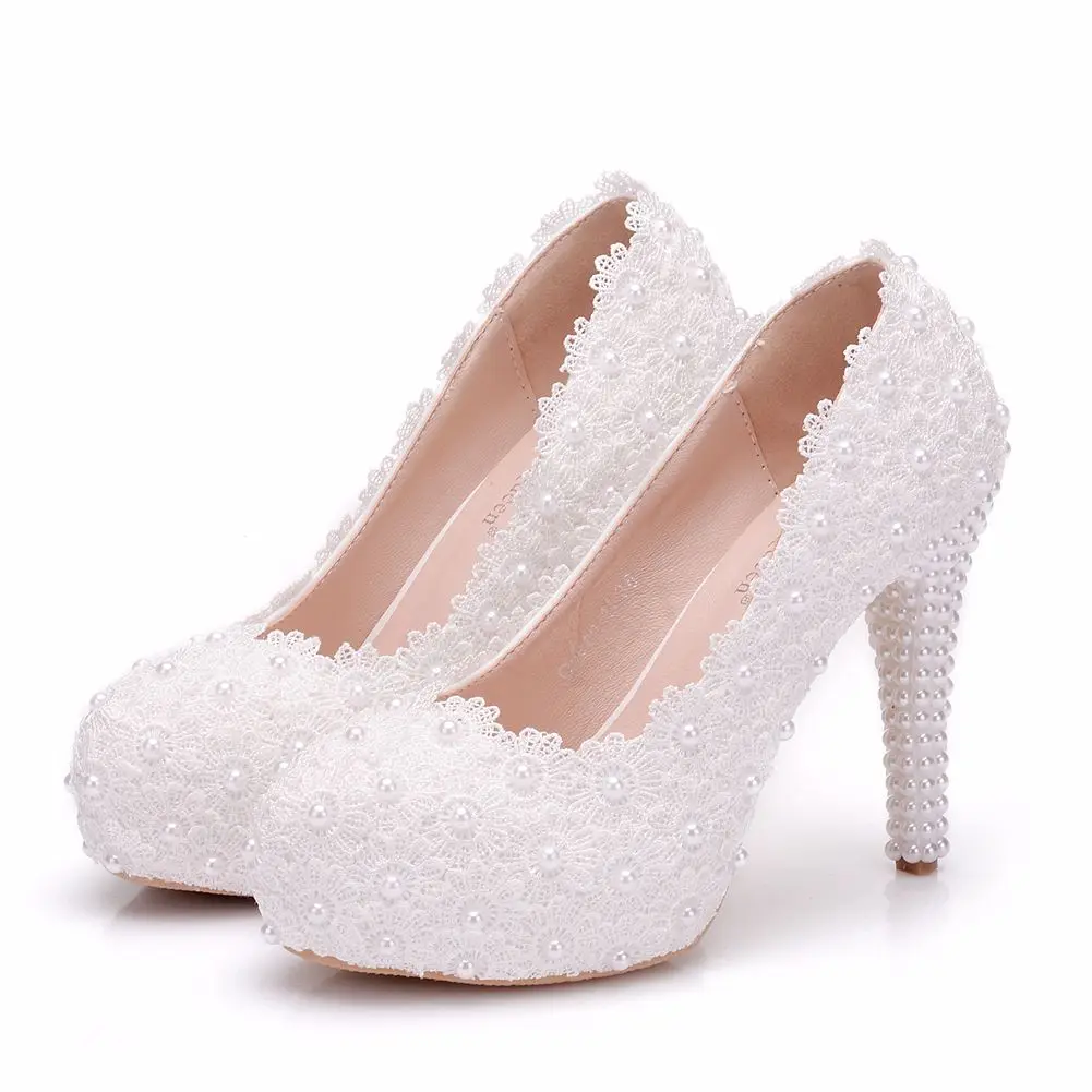 

Crystal Queen Sweet Flower Women Pumps High Heels Lace Platform Pearls Rhinestone Wedding Shoes Bride Dress