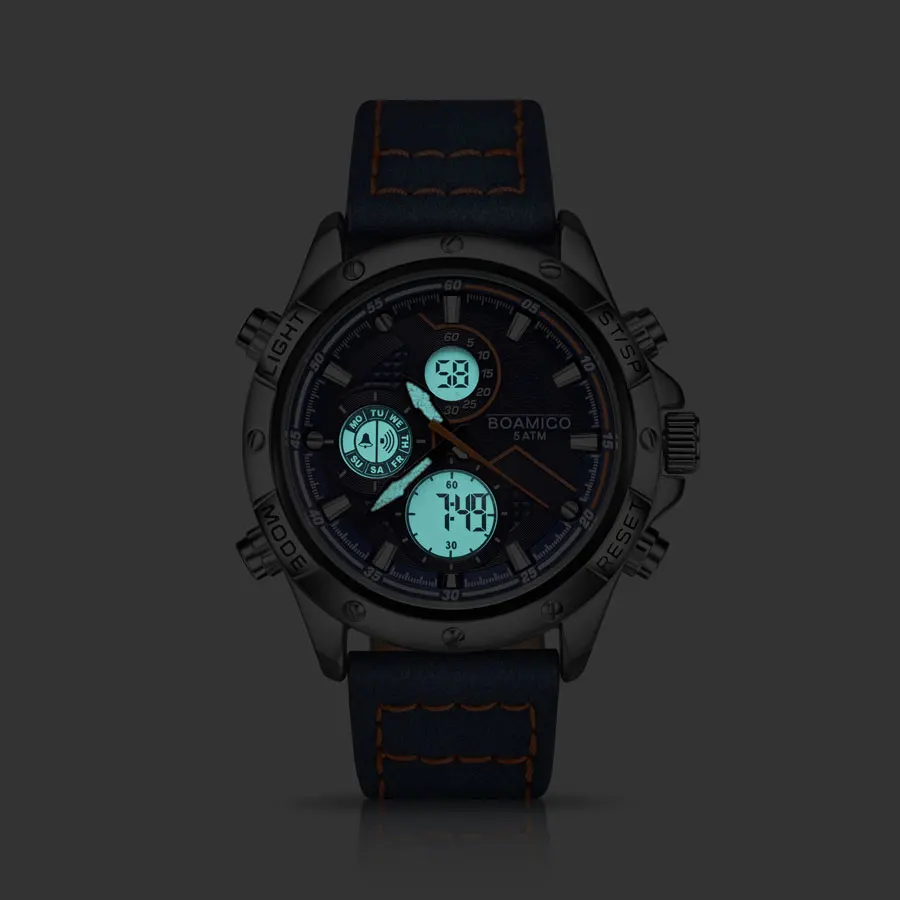 BOAMIGO Mens Watches Top Brand Luxury Military Digital Quartz Watch Leather Waterproof Sport Chronograph Wrist Watch