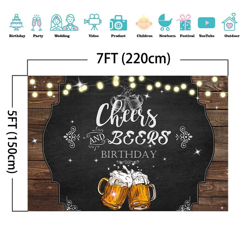 Toile de fond de photographie Cheers and Beers, décorations de fête joyeux anniversaire, bannière rustique, fond en bois scintillant, accessoires photo