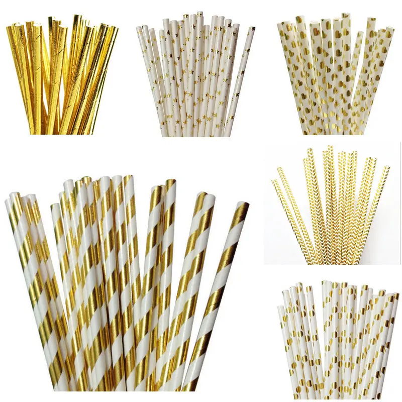 25pcs Foil Gold/Silver/Colorful Paper Straws For Kids Birthday Wedding Engagement Party Event Decorative Paper Drinking Straws