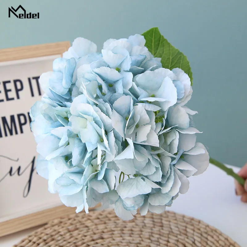 Meldel Fake Hydrangea Flower Bouquet Single Branch Hydrangea Artificial Silk Flower Bridal Wedding Flowers Home Party Room Decor