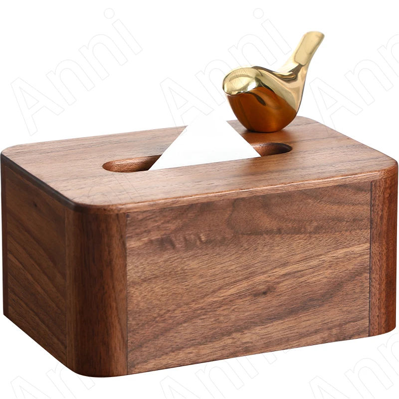 

Golden Bird Decorative Tissue Boxes Japanese Modern Walnut Solid Wood Napkin Holder Brass Animal Decor Paper Towel Organization