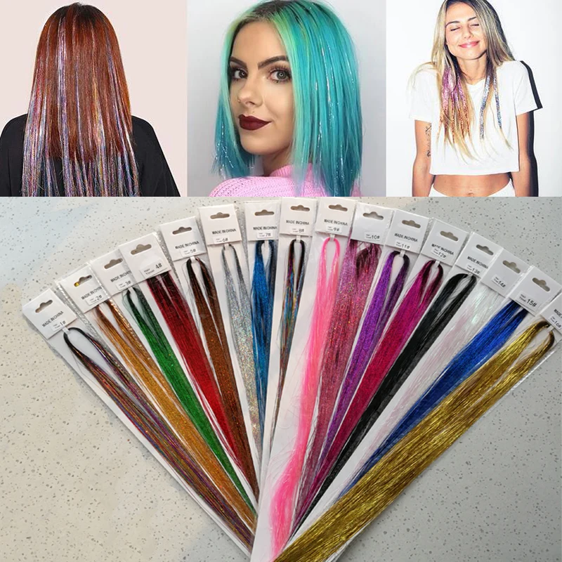 1PCS 180Strands 20 Colors Sparkling Shiny Tinsel Hair Extensions Colorful Holographic Hair Tinsel Glitter Fairy Hair Tinsel