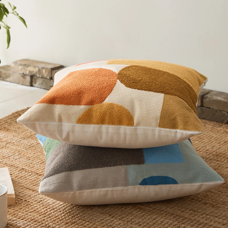쿠션 커버 45x45cm 면사 자수 홈 장식 던지기 추상 컬러 블록 베개 커버 핑크 아트 장식