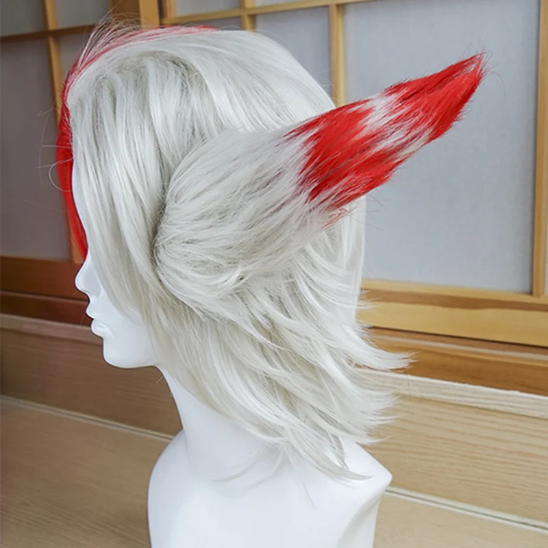 LOL RAKAN Men\'s Silver Mix Red Cosplay Full Wig Heat Resistant Cosplay Costume Wigs + 2 Ears + Wig Cap