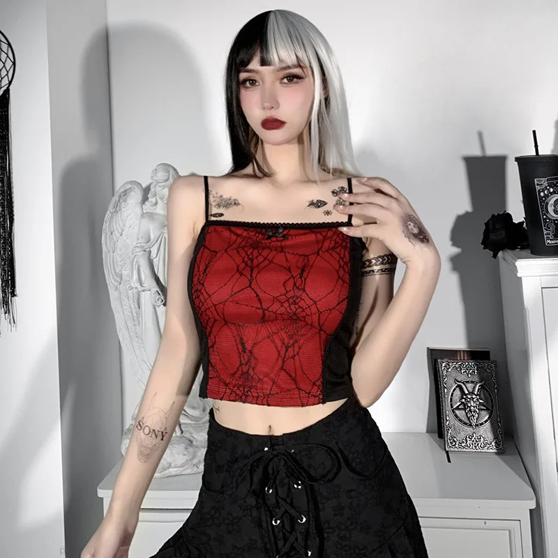 

Grunge Goth Top Vintage Harajuku Sexy Cut Out Zipper Camisole Punk Spider Net Graphic Backless Summer Basic Crop Camis