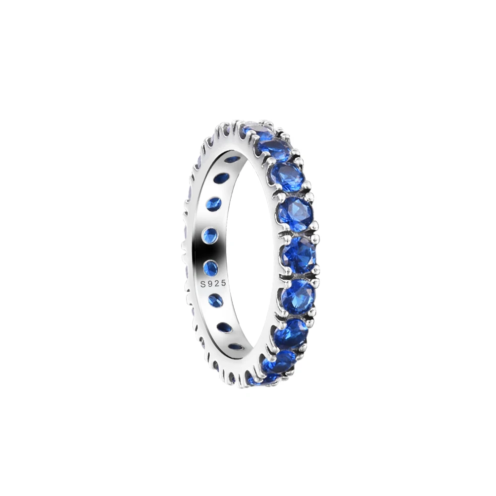 

100% 925 Sterling Silver Ring Blue CZ Sparkling Row Eternity Wedding Rings for Women Jewelry Gift Bague Femme 2021 Winter New