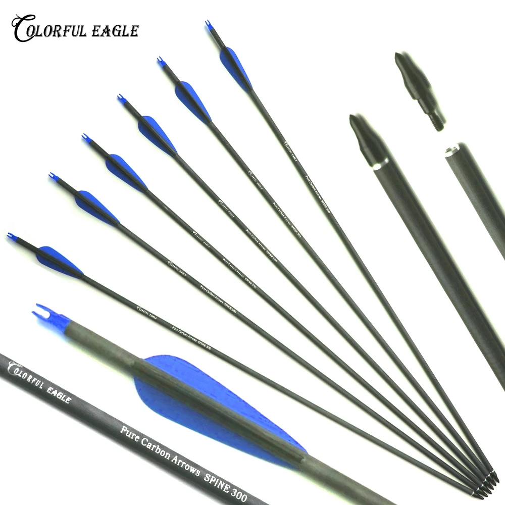 Pure Carbon Arrows 28/30/31 Inches Spine 300 400 ID 6.2MM Shaft Replaceable Points for Compound Recurve Bow Archery Shooting