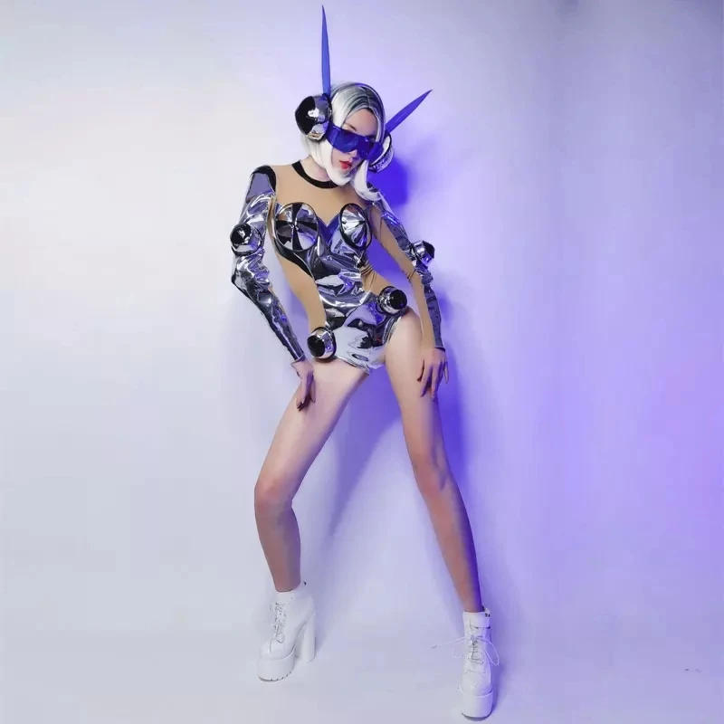 Women's Slim Sexy Silver Laser Reflective Bodysuits DJ Female Singer Stage Performance Costume for Nightclub Bar Dance Team