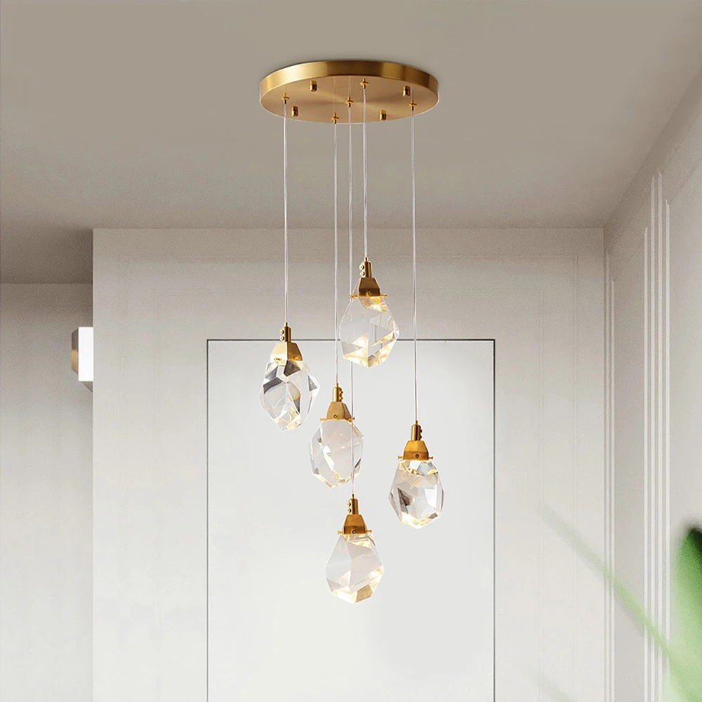 Modern Crystal Chandelier Lighting LED Dimmable Cut Prism Clear Crystal Pendant Chandelier Brass Hanging Staircase Light Fixture