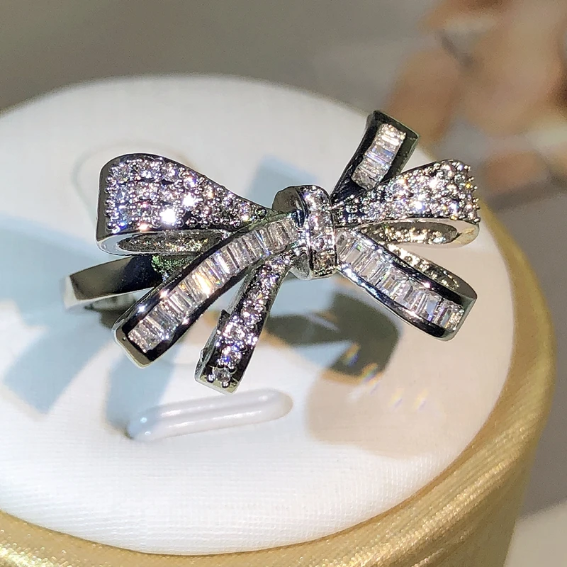 925 Sterling Silver High Quality Bow Bow Bow Bow Zircon Ring Women\'s Fashion Party Birthday Jewelry Rings