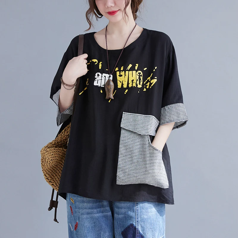 Oversize T-Shirt For Women Elegant Sweet Personalize Letter Printing Patchwork Tops Plaid Pocket Loose Half Sleeve O-Neck Tees