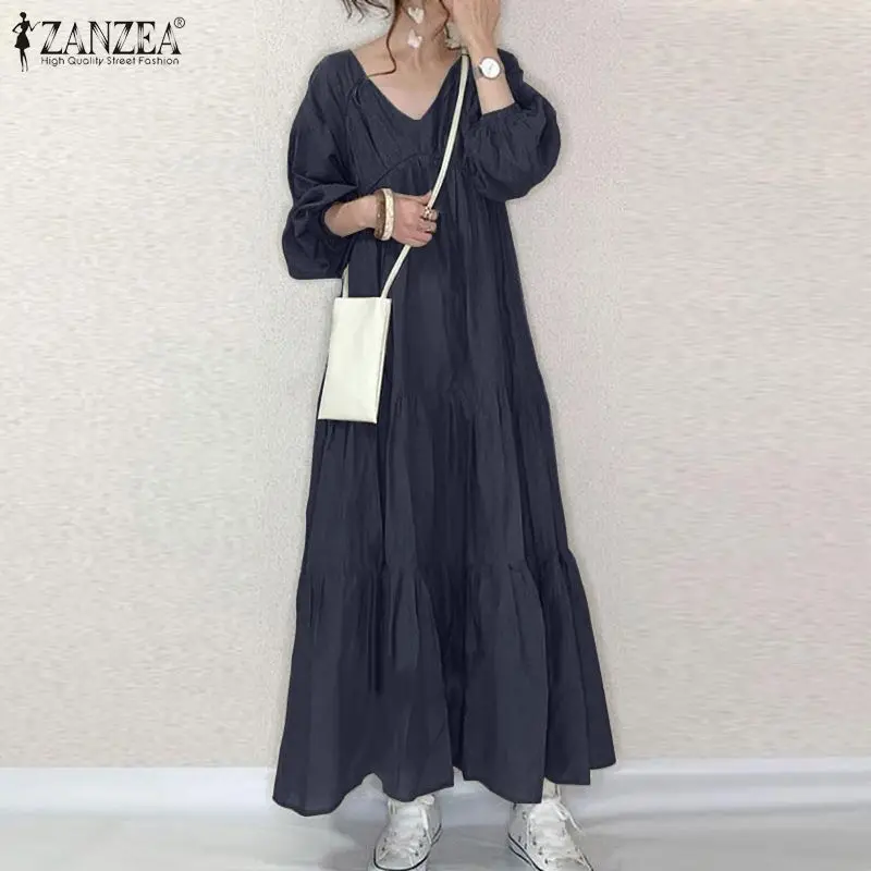 Vintage Ruffle Dress Women\'s Spring Sundress ZANZEA 2023 Casual Puff Sleeve Maxi Vestidos Female V Neck Robe Femme