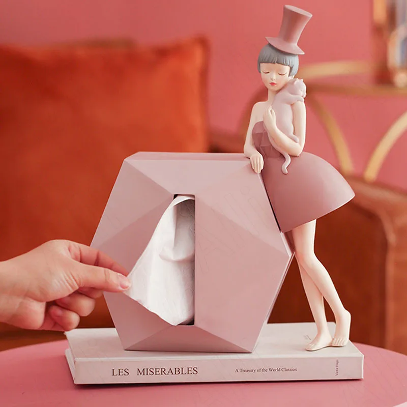 

European Resin Tissue Box Bedroom Dressing Table Art Paper Boxes Creativity Catgirl Tissues Organizer Home Decoration Ornaments