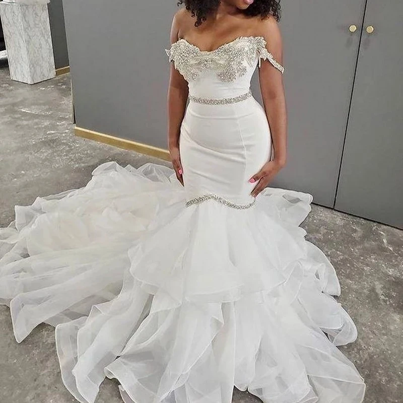 Beaded African Mermaid Wedding Dresses 2021 Off The Shoulder Sash Sequins Tiered Tulle Bridal Dress vestido de fiesta de boda