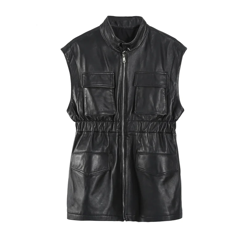 Gilet en cuir véritable pour femmes, veste sans manches, col montant Slim, Cargo, automne hiver, nouveau gilet de rue en peau de mouton multi-poches