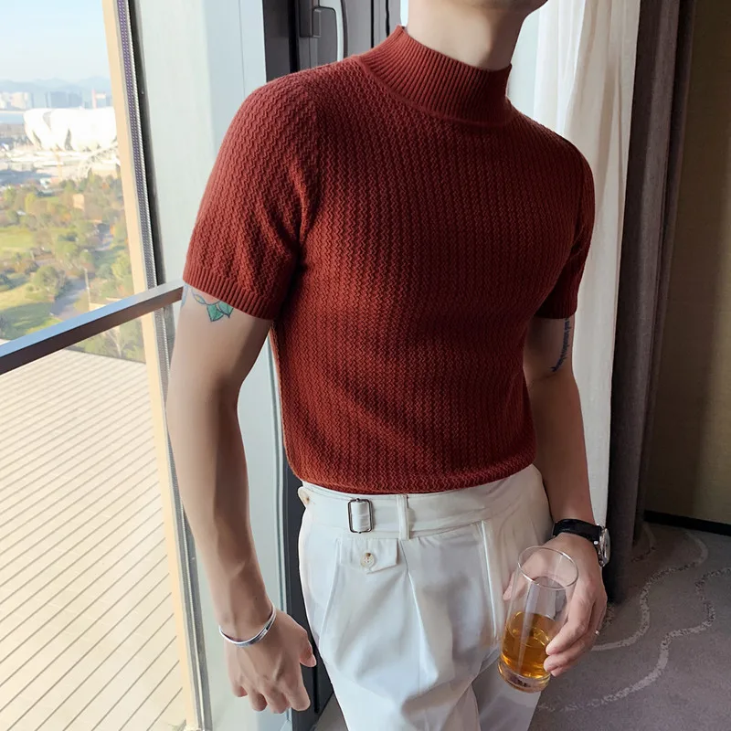 

British Style Turtleneck Slim Fit Red Knitted T Shirts Stretch Retro Elegant Jumper For Mens Pullover Sweater Blue Short Sleeves