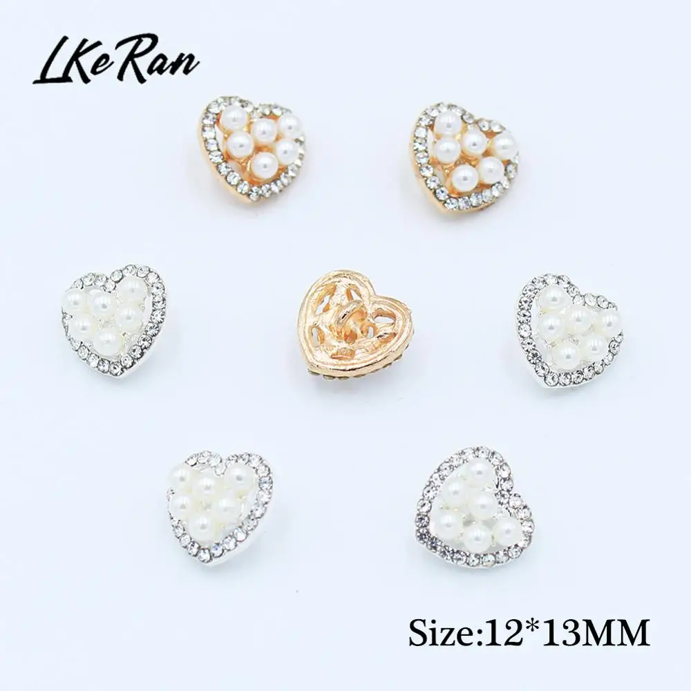 10Pcs 12MM Mini Heart Pearl Rhinestone Buttons Shank Sewing Alloy Button For Handicraft Wedding Decoration DIY Craft Supplies