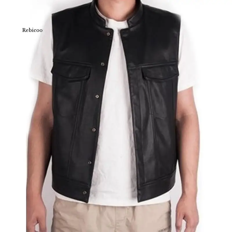 Men's Vest Leather Jacket Vest Sleeveless Casual Pu Streetwear Punk Hip Hop Black Cool Retro Style Motorcycle Jacket