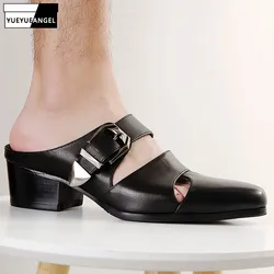 Summer Fashion Mens Genuine Leather Slippers Pointed Toe Buckle Hollow Leather Shoes New Male Black Sandals High Quality Loafers