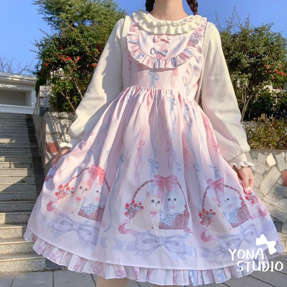 Sweet lolita dress vintage falbala bowknot cute printing high waist princess victorian dress kawaii girl gothic lolita jsk loli