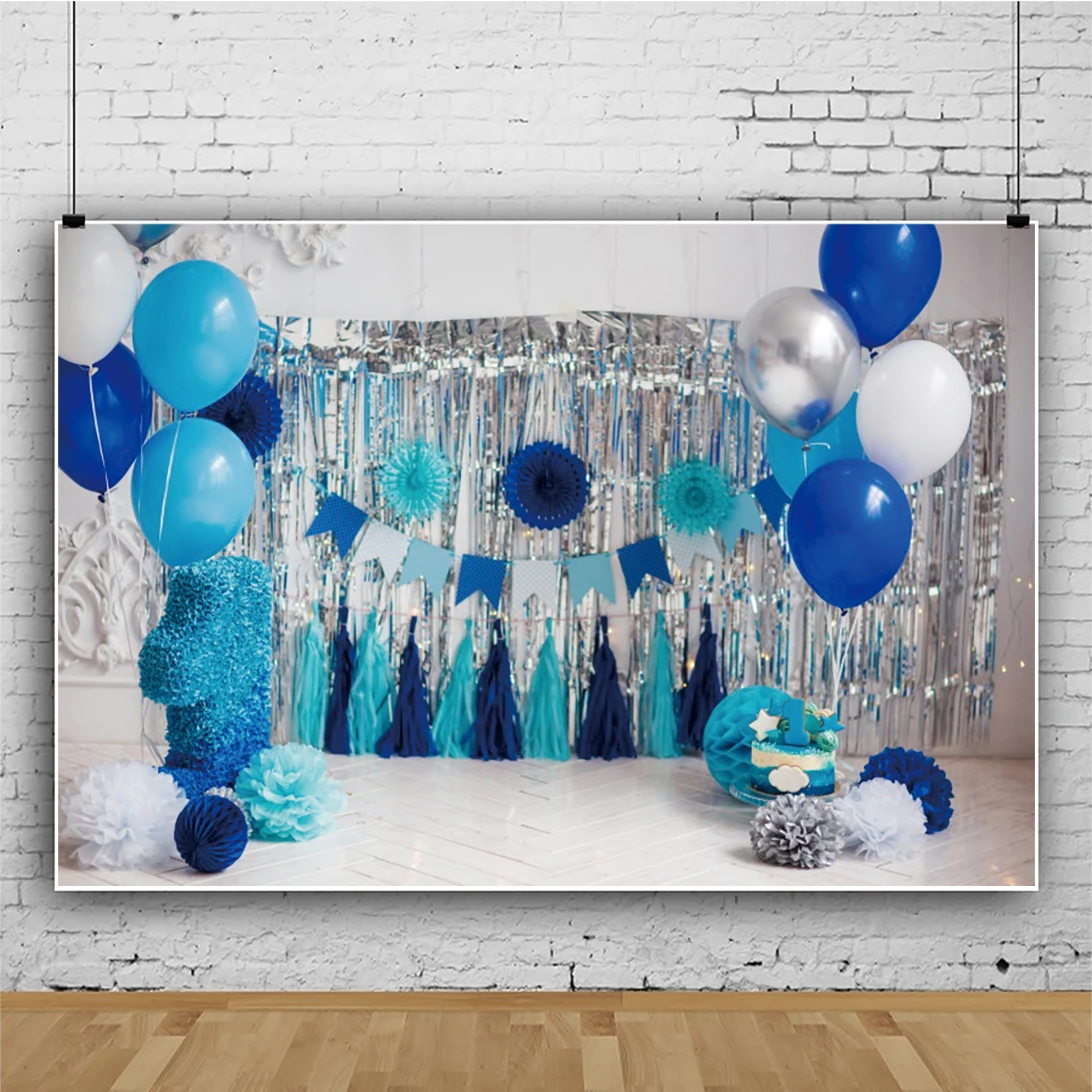 Children Birthday Scene Photo Background Silver Tassel Balloons Decor Interior Portrait Photographic Poster Baby Party Backdrops