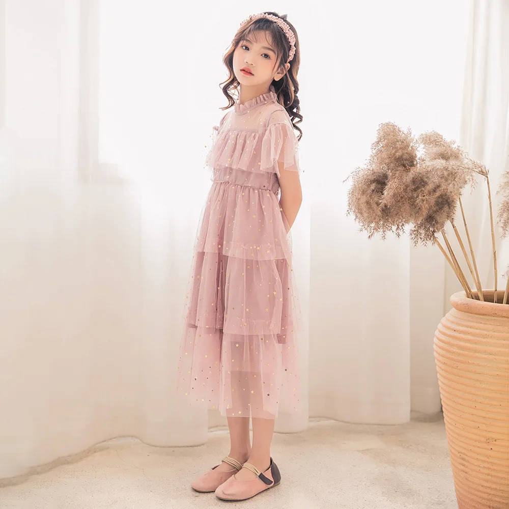 Kids Summer Mesh Dresses for Girls Korean Children\'s Star Princess Dress Short Sleeve Birthday Party Gown Costume 6 8 10 12 Year