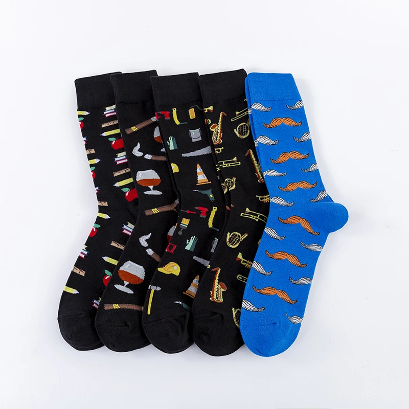 MODA MULAYA Happy Socks Men/Women Art Cigar Apple Toolkit Books Beautiful Wine Beard Sportsman 2020 New Funny Socks Dark Style