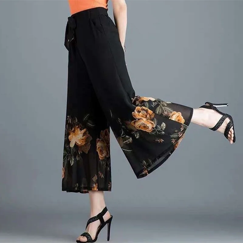 Chiffon Printed Wide Leg Trousers Skirt Pants Women\'s Summer 2021 New High Waist Loose Ankle-length Pants Thin Pants Women 145