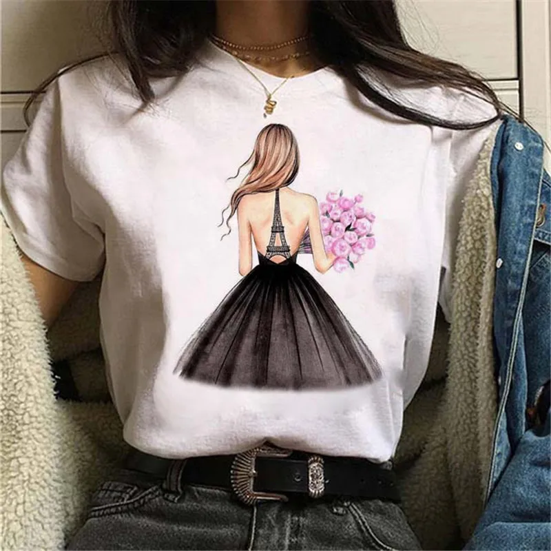 Maycaur Women Casual Short Sleeves T-shirt Harajuku Sexy Women Print T Shirt Fashion Korean Trendy White Tops Female Tshirts