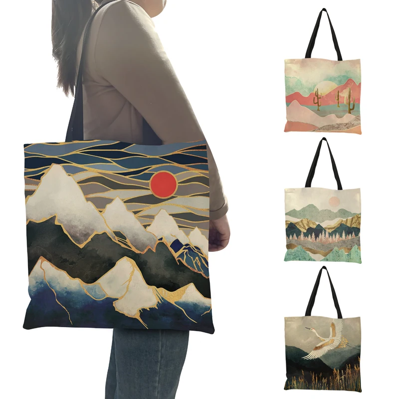 Causal Tote Bag Oil Painting Mountain Forest Print Shopper Shopping Handbag Women Ladies Leisure Shoulder Bag Beach Outdoor