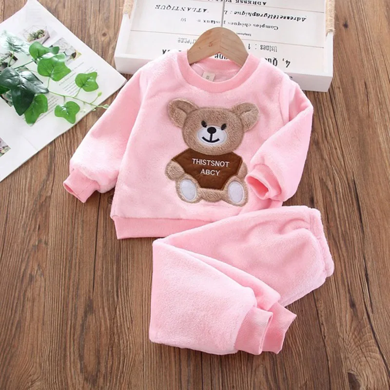 Fashion Infant Clothing Winter Flannel Baby Warm Suit Casual Baby Girls Clothes Cartoon Sweater+Pants 2pcs Boys Pajamas Set