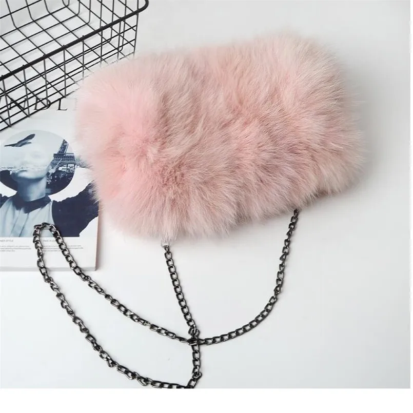 Winter Real Fox Fur Women Messenger Bags Designer Fashion Lady Chain Shoulder Cross Body Handbag Messager Clutch Bag