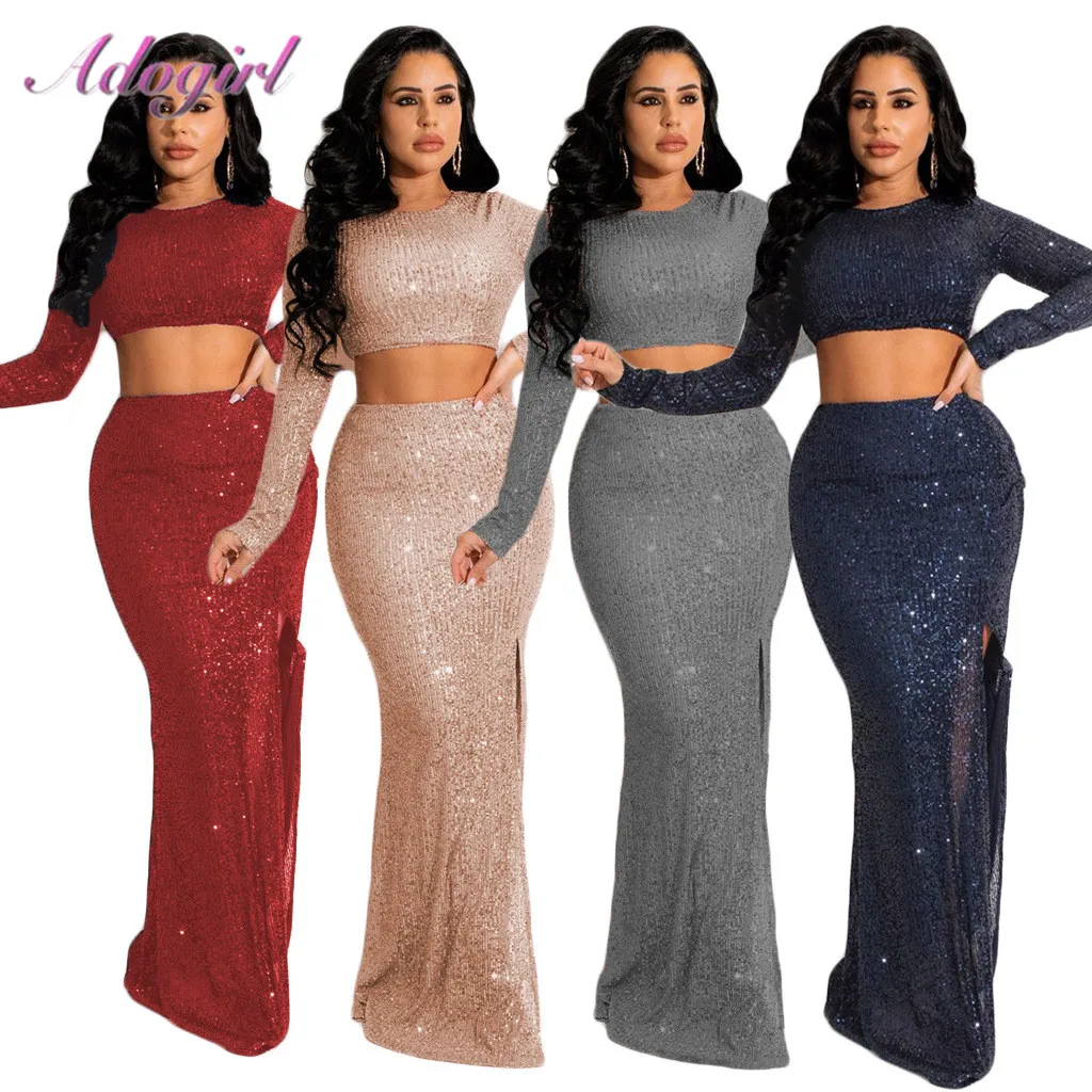 Sexy Sequin Two Piece Set Women Long Sleeve Backless Crop Top High Split Skirt Suit Elegant Party Club Matching Set Outfit Dress