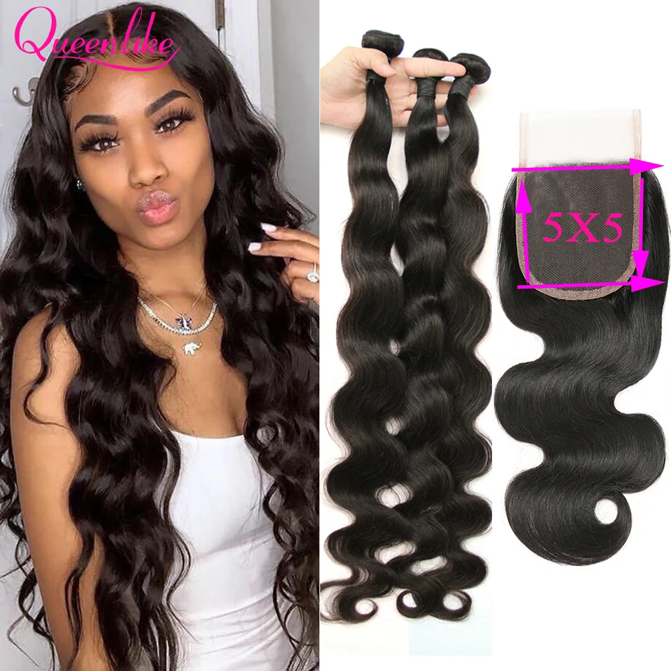 5X5 Peruvian Body Wave Bundles 100% Remy Human Hair Extensions Natural Color Machine Double Weft 3 bundles with closure Deals