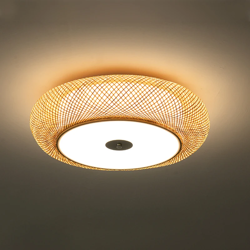 40/50/60cm Round Bamboo Wicker Rattan Circle Ceiling Lighting Fixture Japanese Hardwired Plafon Lamp Tatami Bedroom Living Room