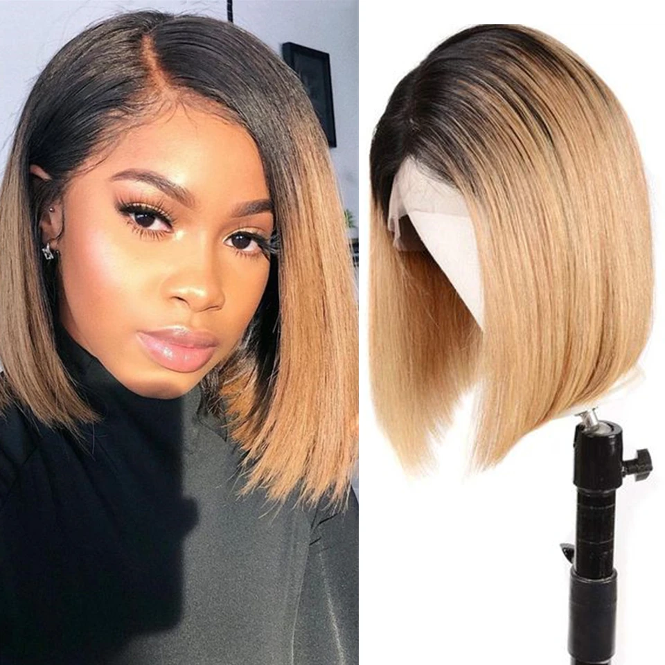 Brasilia nische 4x4 blonde Bob Verschluss Perücke vor gezupft Ombre 1b 27 gerade kurze Bob Perücke 13x4 Remy Lace Front Echthaar Perücken