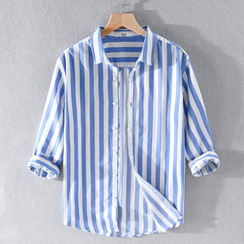 

Three-quarter sleeve striped men brand shirt cotton blue shirts for men comfortable shirt mens overhemd camisa