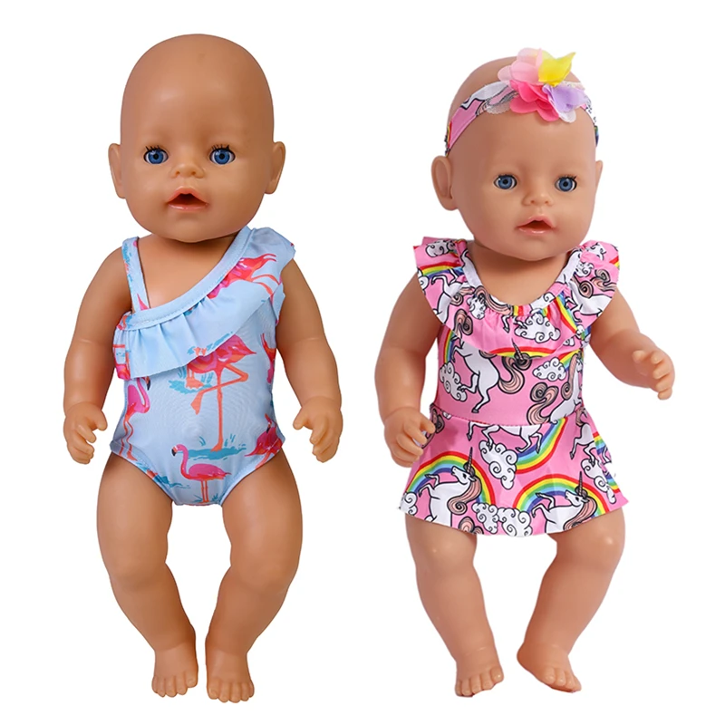 Ropa de muñeca de 18 pulgadas, traje de baño, ropa de verano para muñeca de 43 cm, juguetes para niñas, flamenco, nadar con sombreros, Bikini para