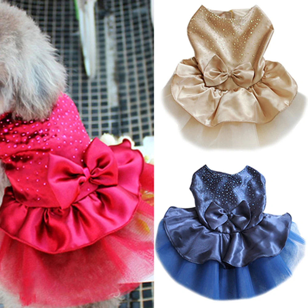 Cute Small Dogs Summer Dresses Luxury Pet Puppy Bowknot Gauze Skirt Sequin Princess Clothes Apparel for Chihuahua Dog Supplies