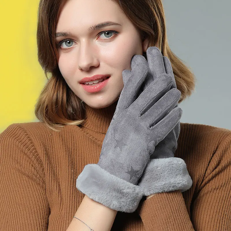 Women Suede Glove Touch Screen  Winter Artificial Rabbit Hair Thick Warm Wool Fleece Gloves