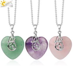 CSJA Natural Stones Heart Pendant Necklace Healing Pink Quartz Purple Crystal Tigers Eye Necklaces Jewelry for Women Girls G412