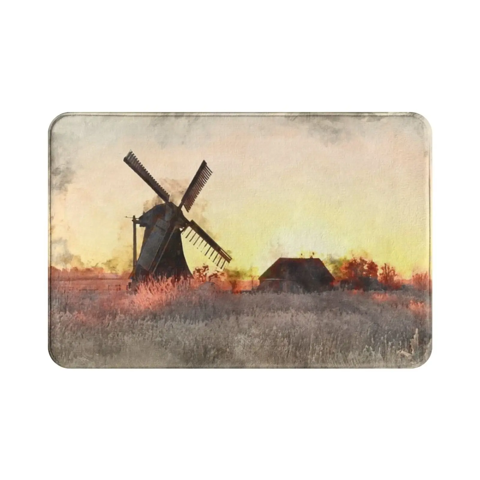 Windmill In Fog By River Carpet Mat Rug Cushion Windmill Watercolor Landscape