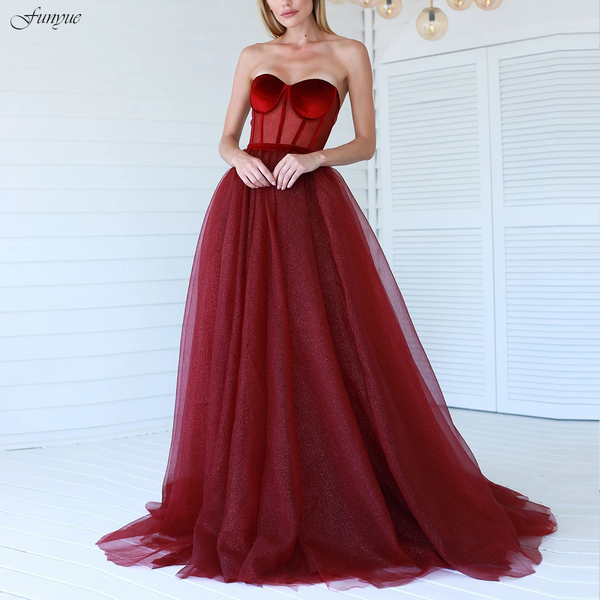 Funyue Sweetheart A-Line Burgundy Prom Dresses Long Sparking Sequin Tulle Women Formal Evening Gown Vestido De Fiesta De Boda